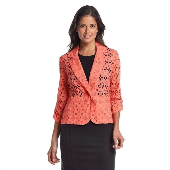 New! MADISON LEIGH Women's 1-Button Eyelet Blazer Jacket 100% Cotton Color Coral - Picture 1 of 3